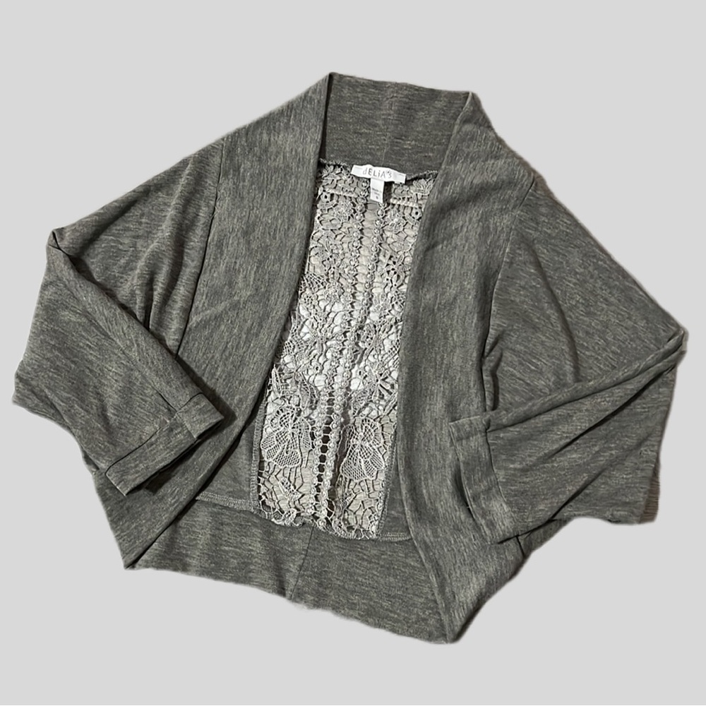 Delia’s Dolman Sleeve Cardigan Lace Cut Out Back Cropped Sweater sz Small